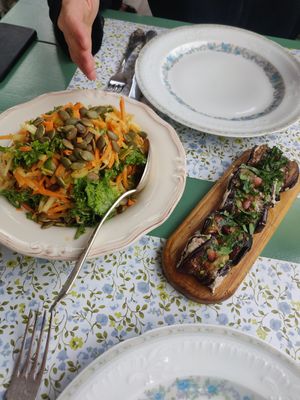 Carrot and apple salad, eggplant rolls with walnut sauce and spices at Blue Mountains • ცისფერი მთები  in Mestia