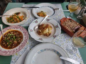 Chashushuli from mushrooms, cauliflower in bahji sauce, boiled beans and potatoes at Blue Mountains • ცისფერი მთები  in Mestia