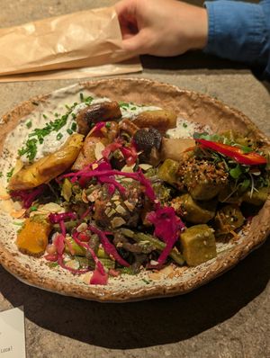 Miso bowl with tofu and truffle potatoes at Honest Greens in Valencia