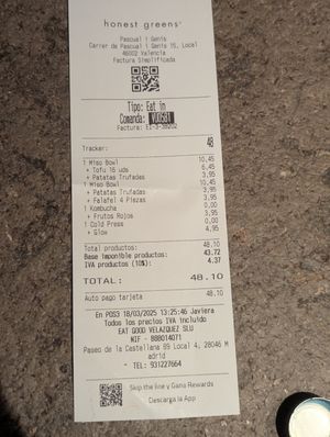The bill at Honest Greens in Valencia