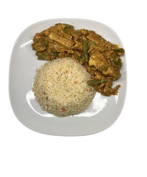 Curry Vegan strips served with rice and beans   at Katina's Tasty Food in Larnaca