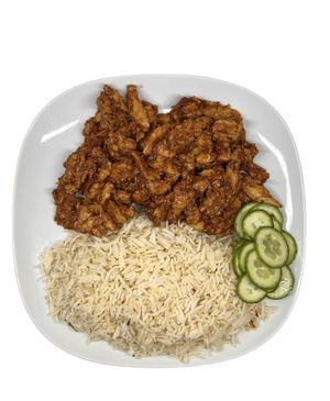 BBQ vegan strips served with ricee  at Katina's Tasty Food in Larnaca