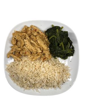 Lemon style vegan strips served with spinach and rice.  at Katina's Tasty Food in Larnaca