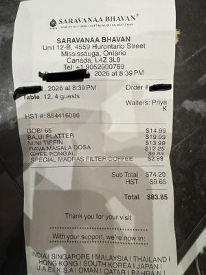 Receipt   at Saravana Bhavan in Mississauga