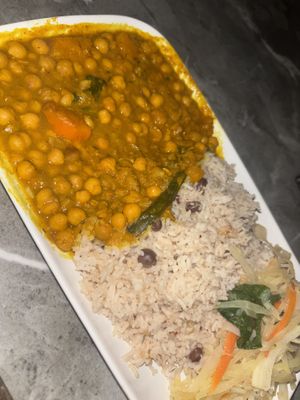 Chickpea curry with rice and pea and steamed veg  at Evoden in Manchester