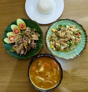 Tofu Massaman, Stir fried Vegan Meat with Holy Basil and Vegan Pork North Eastern Salad  at Begin Vegan Food in Chiang Mai