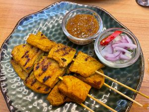 Satay vegan meat at Begin Vegan Food in Chiang Mai