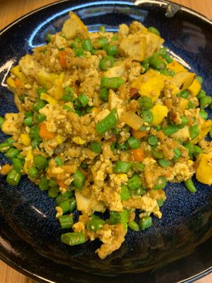 Pad Kra Pao, made with tofu, soya mince, diced carrots, green beans etc. Southern Thai style at Begin Vegan Food in Chiang Mai