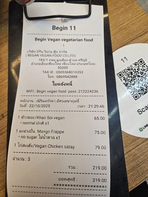bill at Begin Vegan Food in Chiang Mai