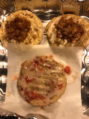 Vegan Peach cobbler cookies with fresh peaches and butter cream drizzle and crumble and our Vegan Strawberry and cream cookies with fresh strawberries and strawberry glaze. at Almost Vegan Plant Based Kitchen & Bakery - Home Bakery in Mishawaka