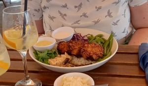 Buddah Bowl with 2 different selfmade vegan Mayo and 3 little crunchy burgers at Soul Food in Valletta