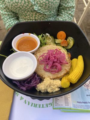 Lentil burger Buddha bowl   at Soul Food in Valletta