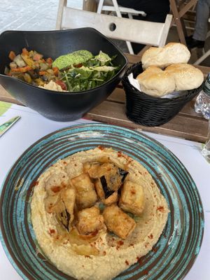 Hummus with tempura aubergine and a hummus and avo Buddha bowl  at Soul Food in Valletta