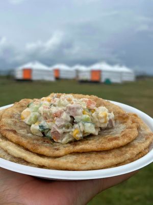 Khuushuur and potato salad.
Photo credit: Mongolian Vegan Camp at Mongolian Vegan Camp in Ulaanbaatar