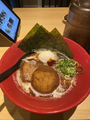 Red vegan Ramen with extra egg  at Ippudo (Harajuku Takeshitadori Branch) - 一風堂 原宿竹下通り店 in Tokyo