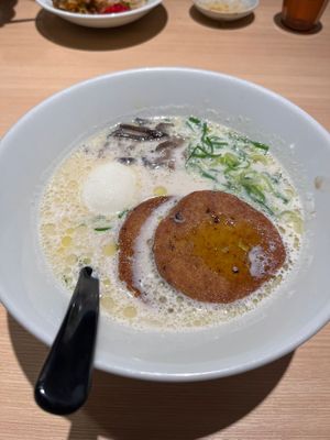 White vegan Ramen with extra egg  at Ippudo (Harajuku Takeshitadori Branch) - 一風堂 原宿竹下通り店 in Tokyo