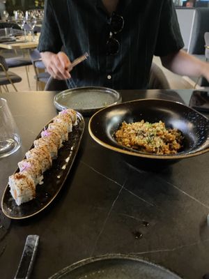 Vegan rice dish and vegan tempura rolls  at Shibumi Sushi Lab in Lanzarote