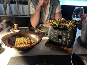 Rice bowl and skewers  at Shibumi Sushi Lab in Lanzarote