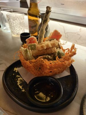 Vegetable tempura in crispy edible bowl   at Shibumi Sushi Lab in Lanzarote