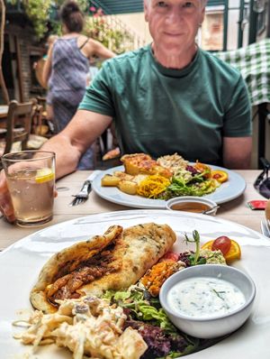Delicious homemade tortilla with veggie chilli and yummy salads. at Amandines in Diss