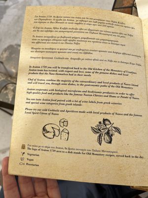 History and vegan label  at Avaton 1739 - Coffee & Wine Roof in Naxos