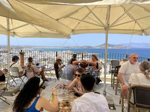 Umbrellas for shade   at Avaton 1739 - Coffee & Wine Roof in Naxos
