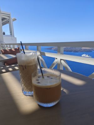 Freddo Cappuccino with almond milk at Enigma Cafe in Santorini