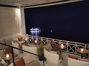 The Café at night at Enigma Cafe in Santorini