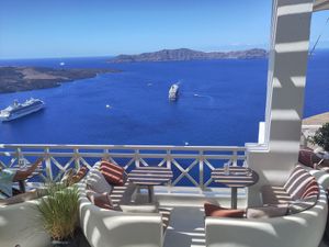 The Café with the view during the day at Enigma Cafe in Santorini