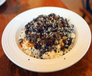 the basic bowl: brown rice or quinoa and black beans with either our peanut sauce or garlic tahini. at Chaco Canyon Organic Cafe - University District in Seattle