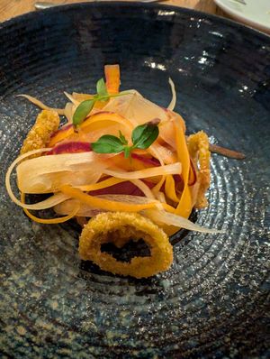 Course #1 - love all the colors of the veggies, very fresh and the crunchy fancy onion rings added a delicate touch at Florent le Bistro in Utrecht