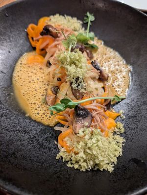 Course #3 - the meaty mushrooms were fantastic, and I love the coconut basil flakes on top at Florent le Bistro in Utrecht