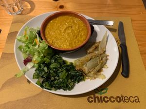 Red lentil soup with the three vegetables of the day  at Chiccoteca in Pesaro