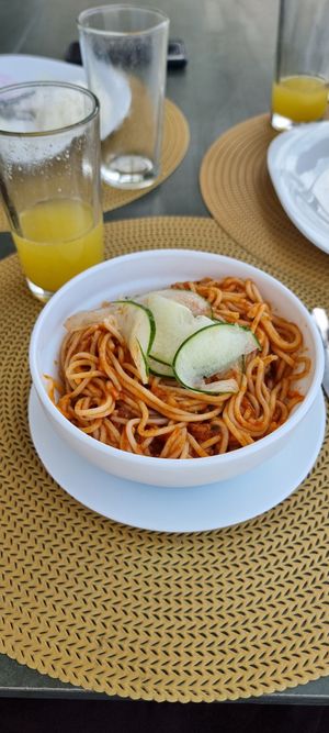 Spaghetti in a tomato sauce at Portofino's in Puerto Villamil