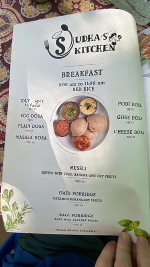 Menu  at Sudha's Kitchen in Auroville