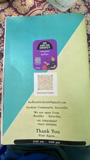 Menu  at Sudha's Kitchen in Auroville