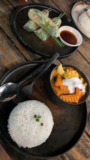 Curry and spring rolls at Mad Monkey in Koh Rong