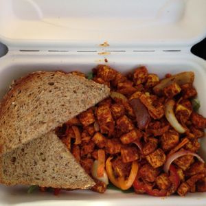 tofu scrambler, disappointing flavor and texture at Wanderlust Cafe in Bloomsburg