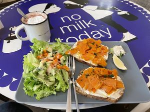 Smoked carrots (fake salmon) on 2 slices of homemade whole grain spelt bread with cashew cream cheese, horseradish + side salad (7.50€)  at No Milk Today in Berlin