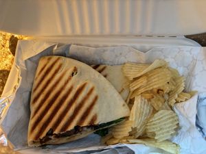 Vegan steak sandwich with chips is the best entree heree  at Honest Coffee Roasters in Huntsville