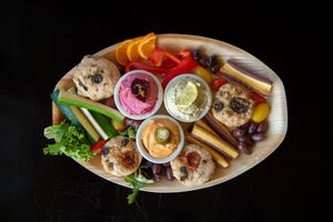 Hummus Trio with Gluten Free Sourdough Focaccia Minis at The Kitchen at Farm Sanctuary in Watkins Glen