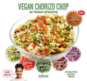 Try our new VEGAN CHORIZO CHOP, featuring our new topping: spicy Soy Chorizo crumbles! Also available as a warm 'Rizo Rito.  at Chop Stop in Burbank
