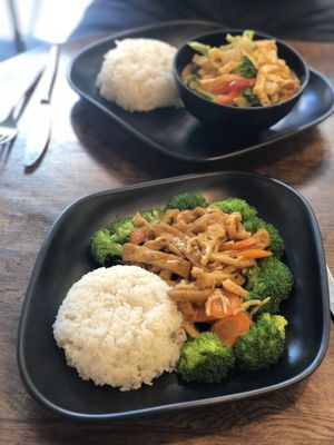 Soy slices and vegetables in front, nut curry in the back. Both delishious! at Sen Chay in Helsinki
