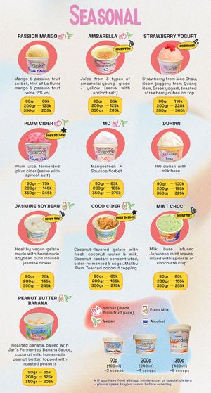 Seasonal Menu - Find vegan options with green leaf next to it at Freezedom Hoi An in Hoi An