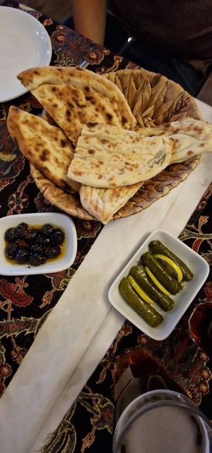 Breads, olives, vine leaves at Old Ottoman Cafe & Restaurant in Istanbul