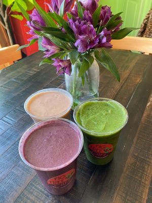 Raw Vegan Smoothies (Immunity Boost, Purple Power, Mango Mama) at Fig Tree Cafe in Barnstable