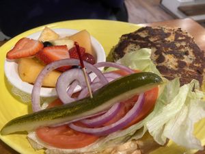 “Burger” and fruit  at Fig Tree Cafe in Barnstable