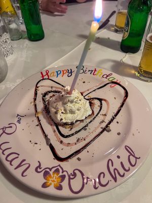 Birthday! Not vegan but a lovely touch, my non vegan family eat the ice cream.  at Ruan Orchid in Chester
