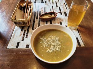 Lunch special includes soup, a drink, a main, and a small dessert. at Kuruba in Cuenca