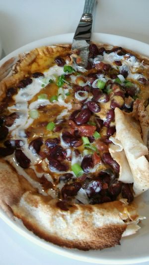 Pitza (pita pizza) Many different kinds. None Vegan but a few Vegetarian. Hubby loved it! at Aladdin's Eatery in Middleburg Heights